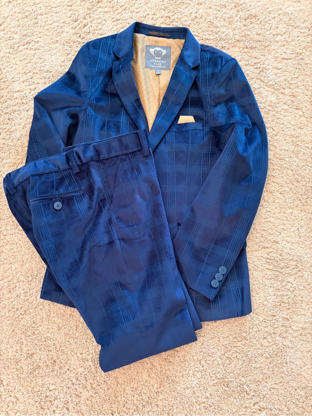 Appaman Boys Blue Velvet Suit with Gold Pocket Square